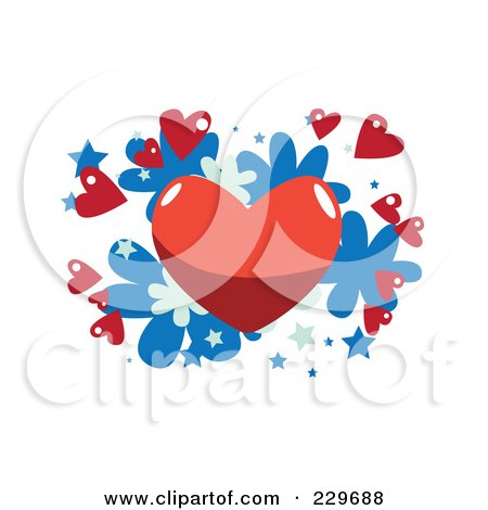 Royalty-Free (RF) Clipart Illustration of a Red Heart And Little Hearts Over Blue Stars And Flowers On White by mayawizard101