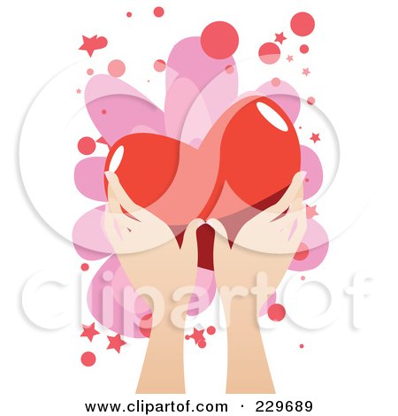 Royalty-Free (RF) Clipart Illustration of a Woman's Hands Holding A Big Red Heart, Over Pink And White - 2 by mayawizard101