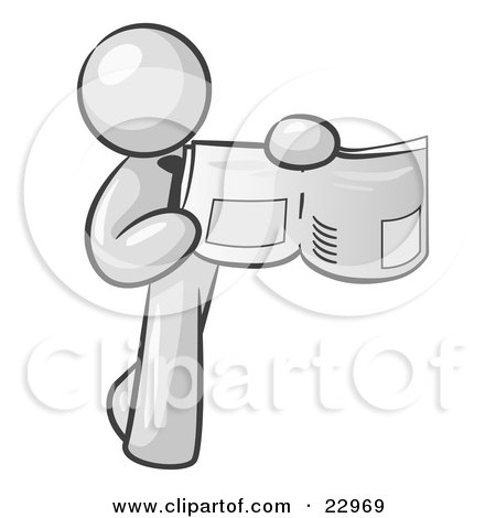 Clipart Illustration of a White Man Holding Up A Newspaper And Pointing To An Article by Leo Blanchette
