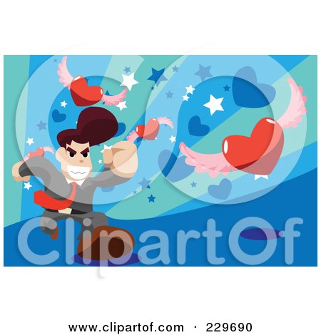 Royalty-Free (RF) Clipart Illustration of a Businessman Chasing Winged Hearts On Blue by mayawizard101
