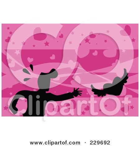 Royalty-Free (RF) Clipart Illustration of a Silhouetted Man Chasing A Flying Heart Over Pink by mayawizard101