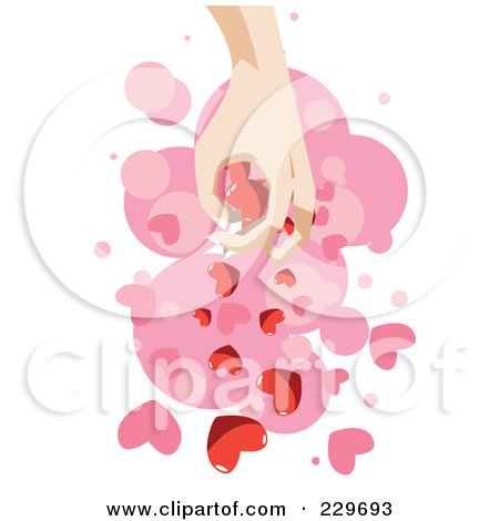 Royalty-Free (RF) Clipart Illustration of a Hand Dropping Hearts Over Pink And White by mayawizard101