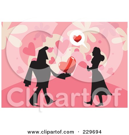 Royalty-Free (RF) Clipart Illustration of a Silhouetted Man Giving A Woman A Heart Over Pink by mayawizard101