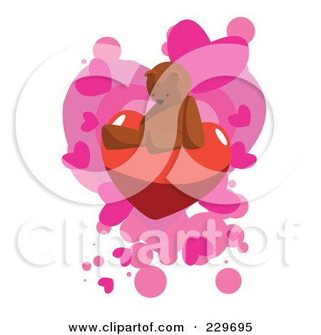 Royalty-Free (RF) Clipart Illustration of a Lonely Teddy Bear Sitting On A Heart Over Pink Hearts On White by mayawizard101