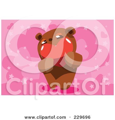 Royalty-Free (RF) Clipart Illustration of a Teddy Bear Holding A Heart Over A Pink Heart Background by mayawizard101