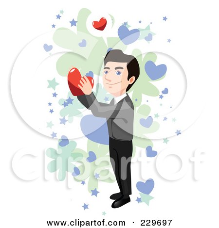 Royalty-Free (RF) Clipart Illustration of a Happy Man Holding A Heart Over Blue, Green And White by mayawizard101