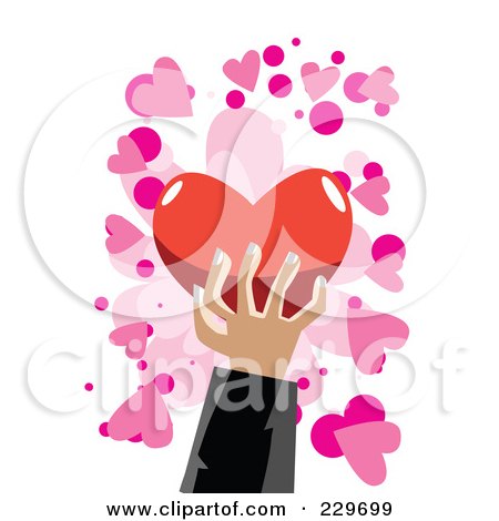 Royalty-Free (RF) Clipart Illustration of a Man's Hand Holding A Red Heart Over Pink And White by mayawizard101