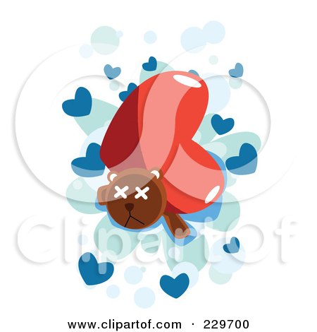 Royalty-Free (RF) Clipart Illustration of a Big Heart Crushing A Teddy Bear Over Blue Hearts On White by mayawizard101