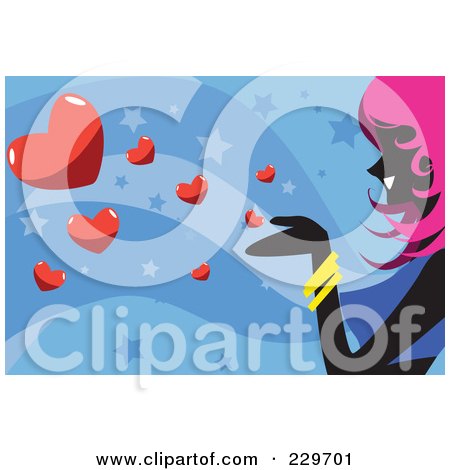 Royalty-Free (RF) Clipart Illustration of a Pink Haired Woman Blowing Hearts Over Blue by mayawizard101