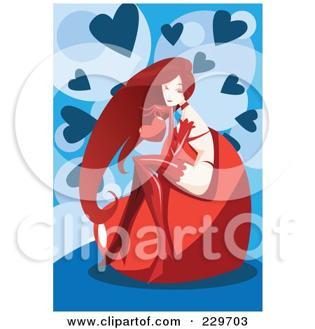 Royalty-Free (RF) Clipart Illustration of a Sexy Woman Sitting On A Big Heart Over Blue by mayawizard101