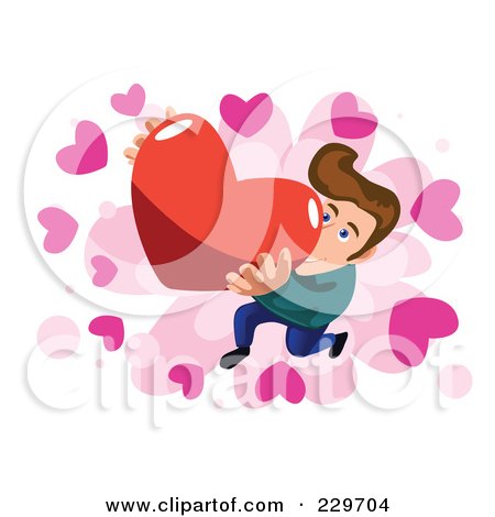 Royalty-Free (RF) Clipart Illustration of a Man Presenting A Big Heart Over Pink And White by mayawizard101