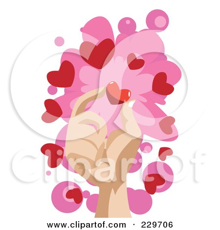 Royalty-Free (RF) Clipart Illustration of a Hand Holding A Heart Over Pink And White by mayawizard101