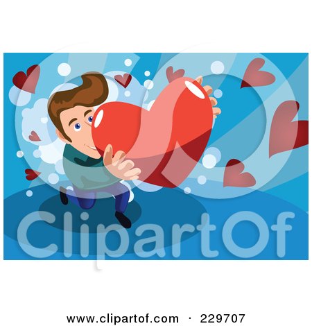 Royalty-Free (RF) Clipart Illustration of a Man Presenting A Big Heart Over Blue by mayawizard101