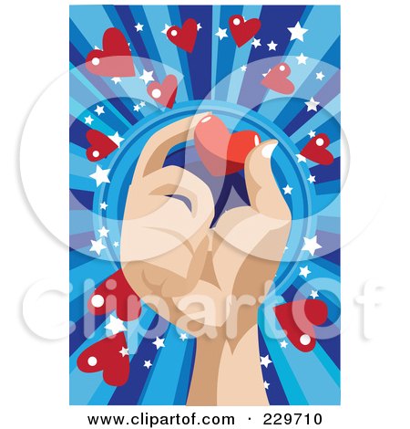Royalty-Free (RF) Clipart Illustration of a Hand Holding A Red Heart Over Blue Rays With Hearts And Stars by mayawizard101