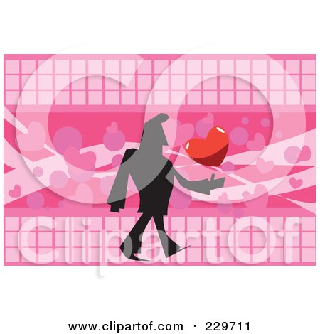 Royalty-Free (RF) Clipart Illustration of a Silhouetted Man Walking With A Heart Over Pink by mayawizard101