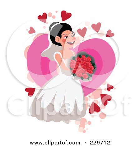 Royalty-Free (RF) Clipart Illustration of a Happy Bride Holding Roses Over A Pink Heart On White by mayawizard101