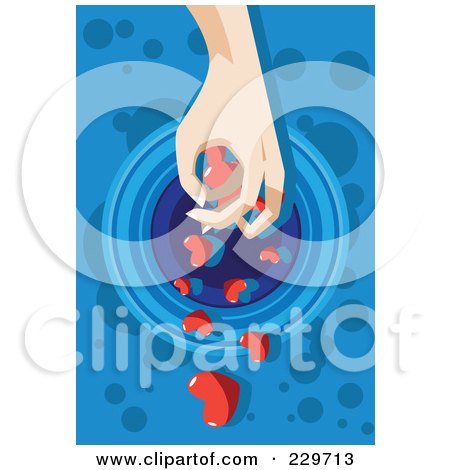 Royalty-Free (RF) Clipart Illustration of a Hand Dropping Hearts Down A Drain Over Blue by mayawizard101