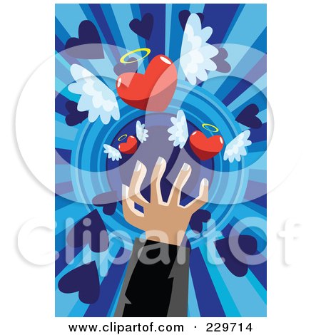 Royalty-Free (RF) Clipart Illustration of a Hand Releasing Winged Hearts Over Blue Rays by mayawizard101