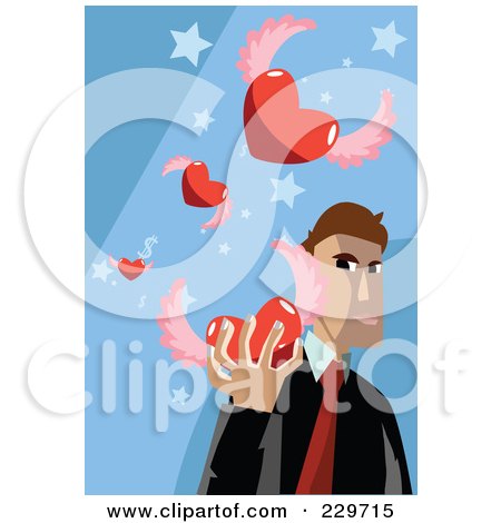 Royalty-Free (RF) Clipart Illustration of a Businessman Holding A Winged Heart On Blue by mayawizard101