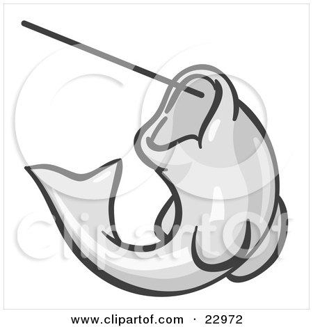 Clipart Illustration of a White Fish Jumping Up And Biting A Hook On A Fishing Line by Leo Blanchette