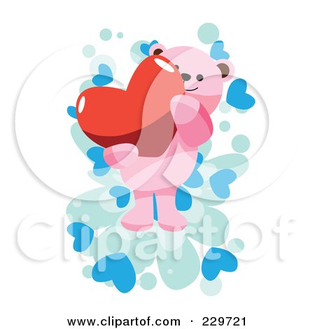 Royalty-Free (RF) Clipart Illustration of a Pink Teddy Bear Holding A Heart Over A Blue Hearts On White by mayawizard101