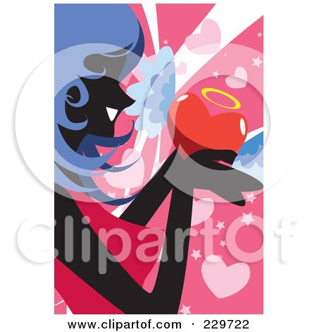 Royalty-Free (RF) Clip Art Illustration of a Blue Haired Woman Holding A Winged Heart On Pink by mayawizard101
