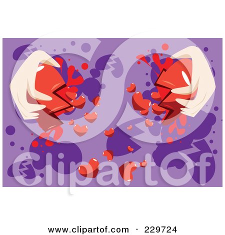 Royalty-Free (RF) Clipart Illustration of a Pair Of Hands Breaking A Heart Over Purple by mayawizard101
