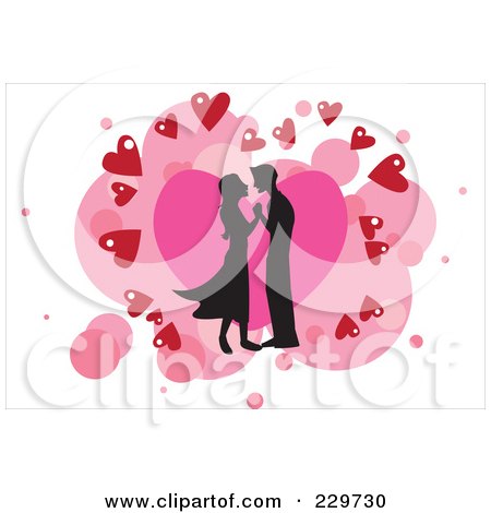 Royalty-Free (RF) Clipart Illustration of a Silhouetted Couple Over Hearts On White - 2 by mayawizard101