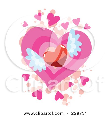 Royalty-Free (RF) Clipart Illustration of a Red Winged Heart Over Pink And Beige Hearts And Splatters On White by mayawizard101