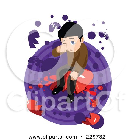 Royalty-Free (RF) Clipart Illustration of a Sad Man Crying And Sitting On A Heart Over Purple And White by mayawizard101