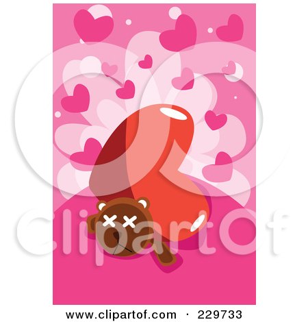 Royalty-Free (RF) Clipart Illustration of a Big Heart Crushing A Teddy Bear On A Pink Background by mayawizard101
