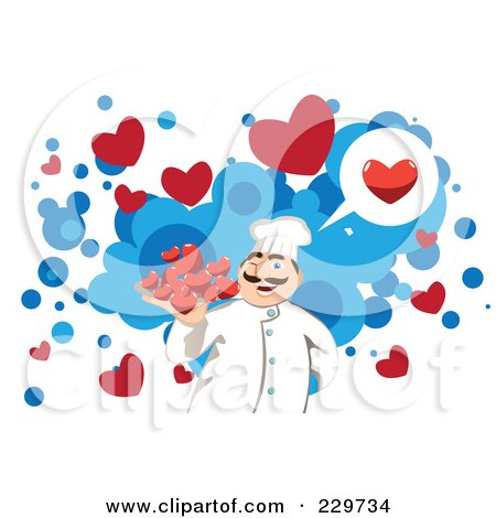 Royalty-Free (RF) Clipart Illustration of a Chef Serving Hearts Over Blue And White by mayawizard101