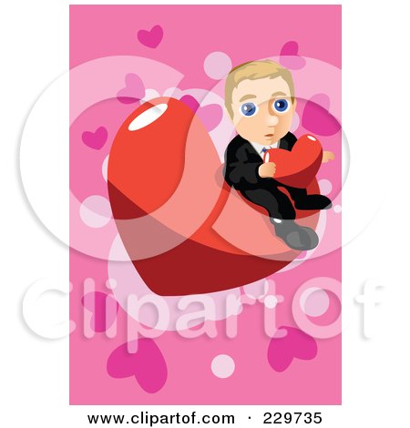 Royalty-Free (RF) Clipart Illustration of a Nervous Businessman Sitting On A Heart And Holding A Heart Over Pink by mayawizard101