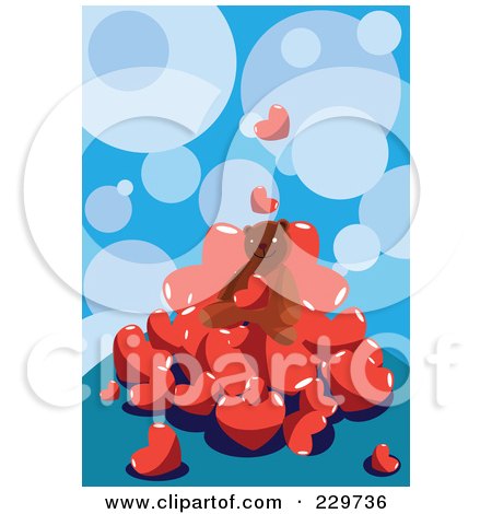 Royalty-Free (RF) Clipart Illustration of a Teddy Bear Sitting In A Pile Of Hearts On A Blue Background by mayawizard101
