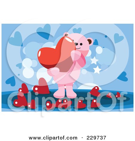 Royalty-Free (RF) Clipart Illustration of a Pink Teddy Bear Carrying A Heart Over A Blue Heart Background by mayawizard101