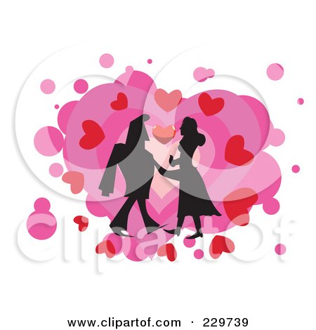 Royalty-Free (RF) Clipart Illustration of a Silhouetted Couple Over Hearts On White - 1 by mayawizard101