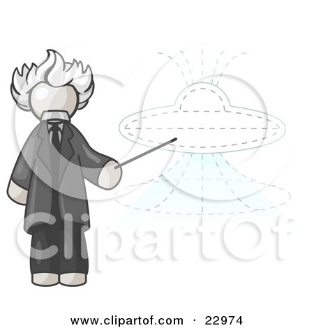 Clipart Illustration of a White Einstein Man Pointing a Stick at a Presentation of a Flying Saucer by Leo Blanchette