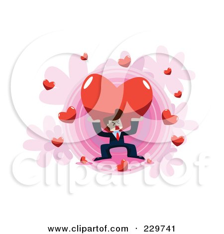 Royalty-Free (RF) Clipart Illustration of a Businessman Holding A Heavy Heart Over Pink And White by mayawizard101