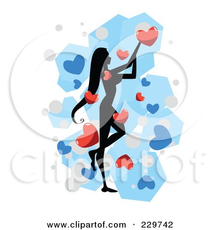 Royalty-Free (RF) Clipart Illustration of a Silhouetted Woman Standing And Reaching For Hearts, Over Blue And White by mayawizard101