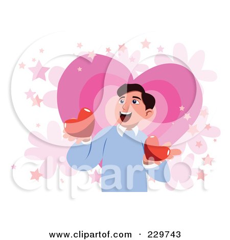 Royalty-Free (RF) Clipart Illustration of a Happy Man Holding Two Hearts Over Pink And White by mayawizard101