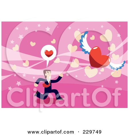 Royalty-Free (RF) Clipart Illustration of a Businessman Chasing A Winged Heart On Pink by mayawizard101