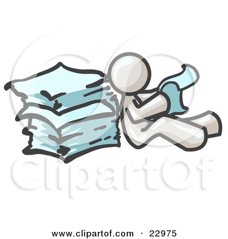 Clipart Illustration of a White Man Leaning Against a Stack of Papers by Leo Blanchette
