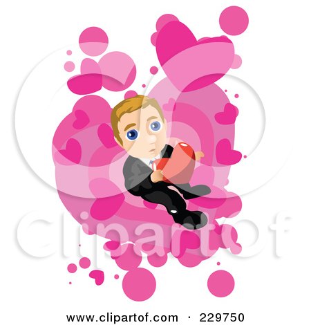 Royalty-Free (RF) Clipart Illustration of a Nervous Businessman Holding A Heart Over Pink And White by mayawizard101