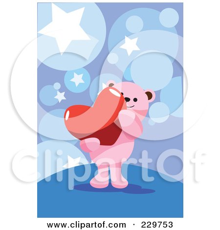 Royalty-Free (RF) Clipart Illustration of a Pink Teddy Bear Carrying A Heart Over A Blue Star Background by mayawizard101