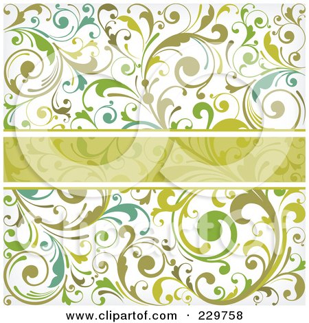 Royalty-Free (RF) Clipart Illustration of a Green Copyspace Bar Over A Floral Pattern And Off White Background by OnFocusMedia