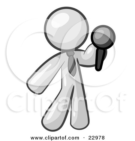 Clipart Illustration of a White Man, A Comedian Or Vocalist, Wearing A Tie, Standing On Stage And Holding A Microphone While Singing Karaoke Or Telling Jokes by Leo Blanchette