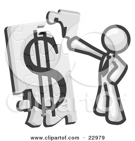 Clipart Illustration of a White Businessman Putting a Dollar Sign Puzzle Together by Leo Blanchette