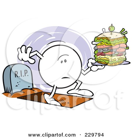 Royalty-Free (RF) Clipart Illustration of a Moodie Character Holding A Sandwich With One Foot In The Grave by Johnny Sajem