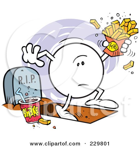 Royalty-Free (RF) Clipart Illustration of a Moodie Character Holding Fries With One Foot In The Grave by Johnny Sajem