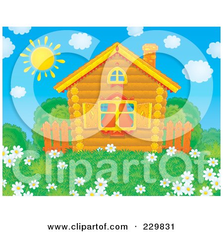 Royalty-Free (RF) Clipart Illustration of a Cute Log Cabin With A Field Of Daisy Flowers - 4 by Alex Bannykh